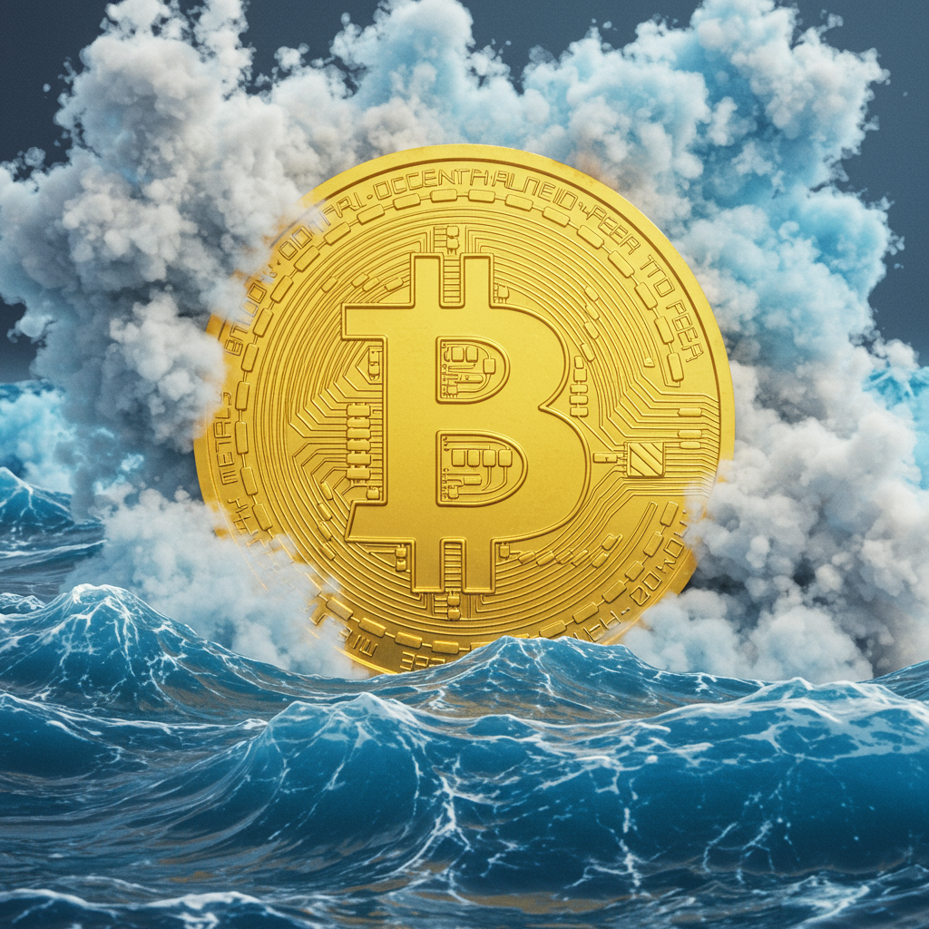 A stylized Bitcoin symbol surrounded by swirling clouds, with dormant, icy blue waves flow