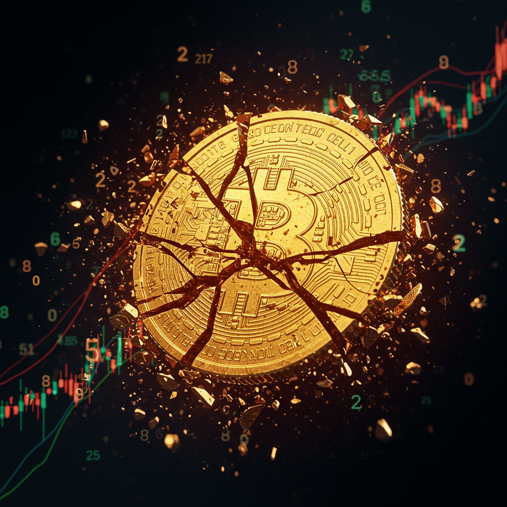 A close-up of a shattered golden coin surrounded by swirling numbers and graphs, symbolizi