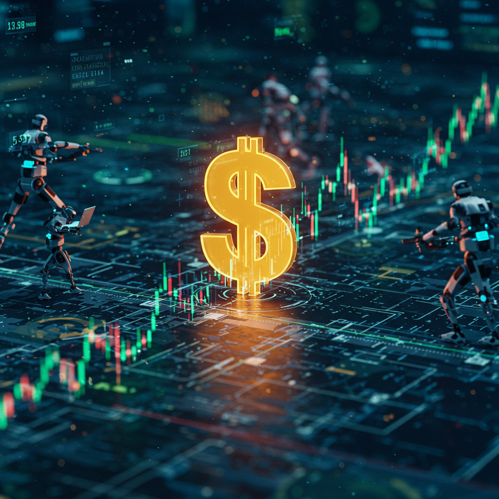 A futuristic digital landscape filled with fluctuating cryptocurrency charts, automated bo