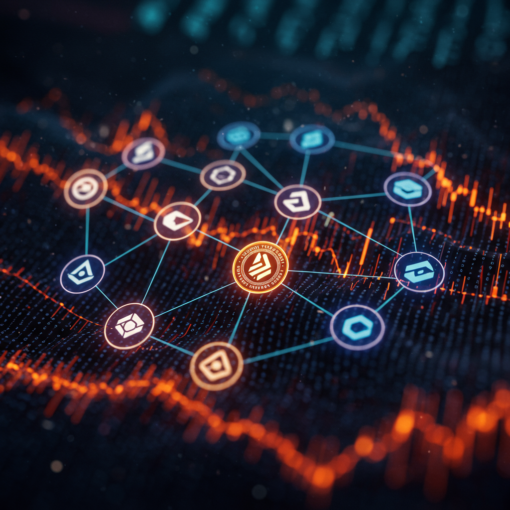 A colorful, intricate matrix of various altcoin logos interconnected with vibrant lines, s