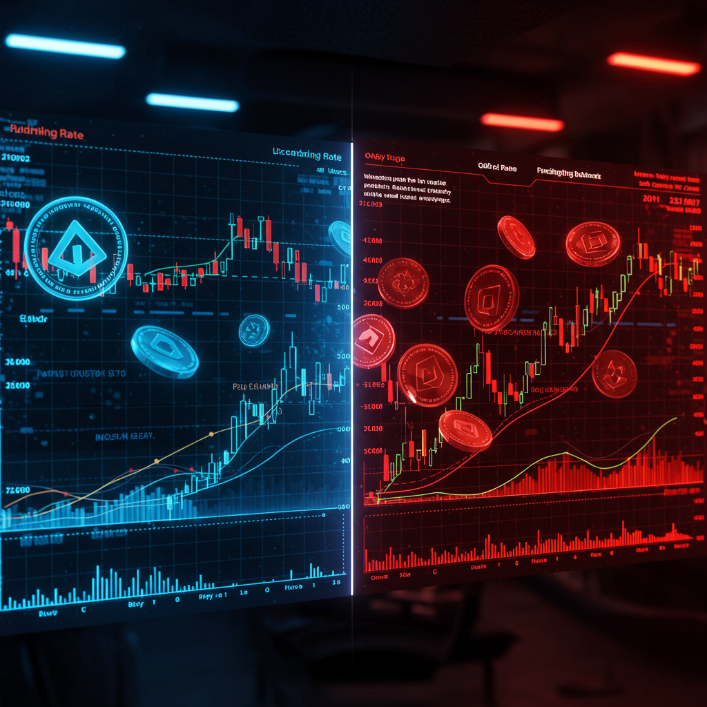 A futuristic trading interface with neon charts, digital coins, and a split screen showing