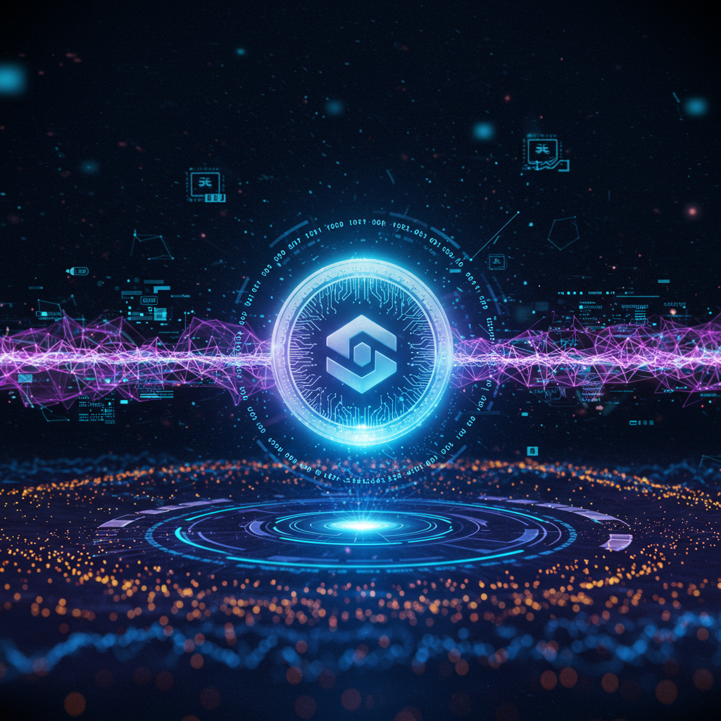 A futuristic digital landscape featuring a glowing Nansen token, surrounded by vibrant dat