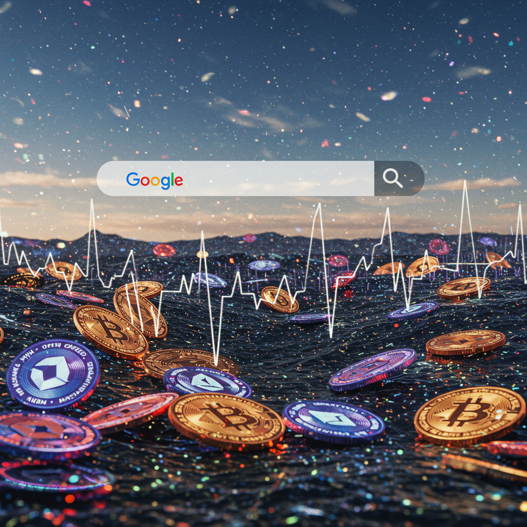A digital landscape with a giant Google search bar, fluctuating crypto coins in vibrant co