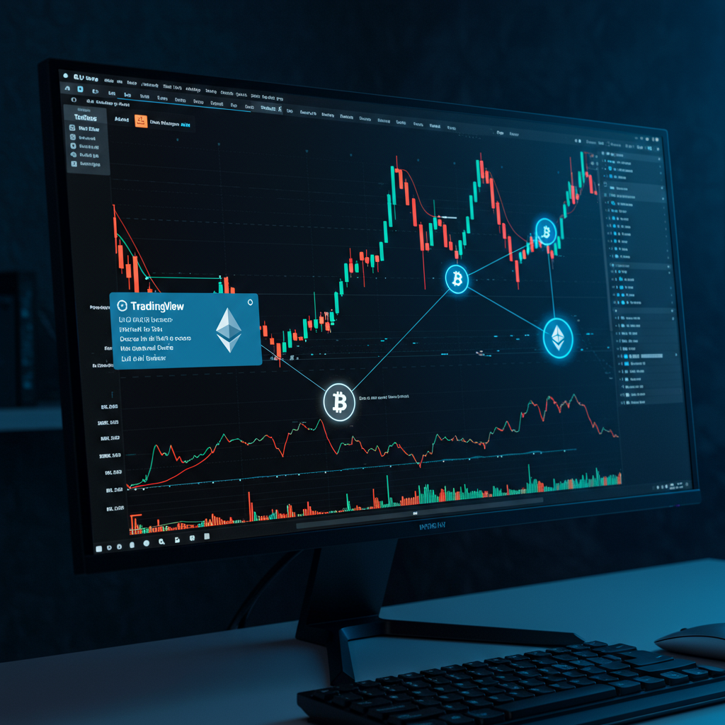 A sleek computer screen displaying TradingView charts with vibrant crypto symbols, surroun