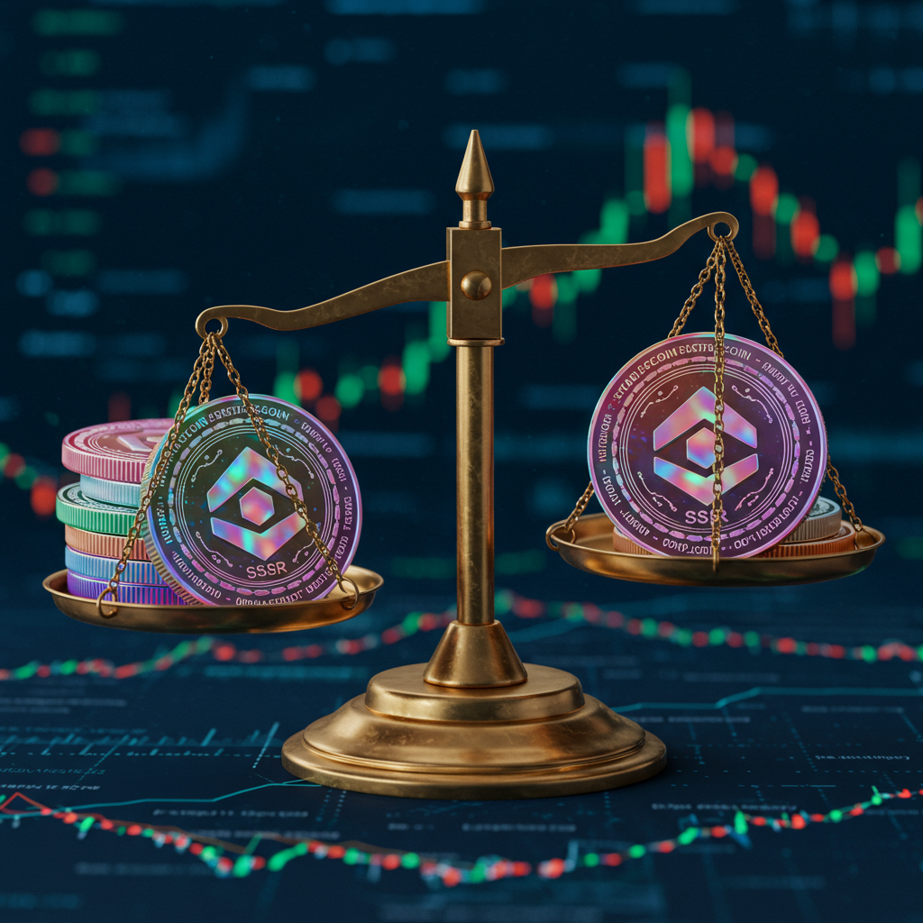 A digital scale balancing vibrant coins labeled "Stablecoin" and "SSR" against a backdrop