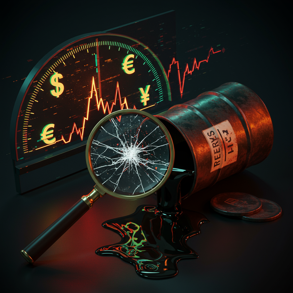 A digital graphic depicting a fluctuating gauge with currency symbols, a leaking barrel la