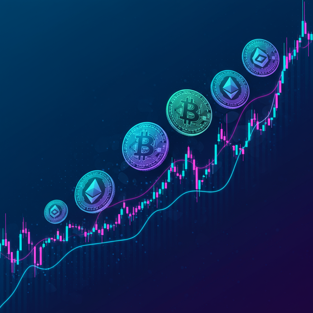 A vibrant digital art piece depicting a fluctuating graph with cryptocurrency coins, empha